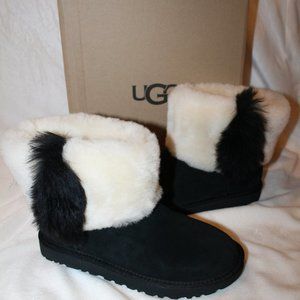 NIB UGG WOMEN'S MINI WISP SUEDE FUR BOOTS BLACK WHITE